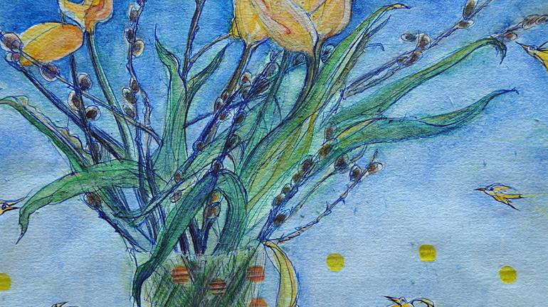 Original Art Deco Floral Painting by Remigiusz Dobrowolski