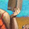 I love creating abstract figurative paintings of women engrossed in their own world whatever that may be. This woman loves reading her book in summer at the beach by the ocean. I wanted the colors strong to suggest the light and her focus on the book. The texture of paint and drawing with crayons is visible up close and enlivens this figure painting.