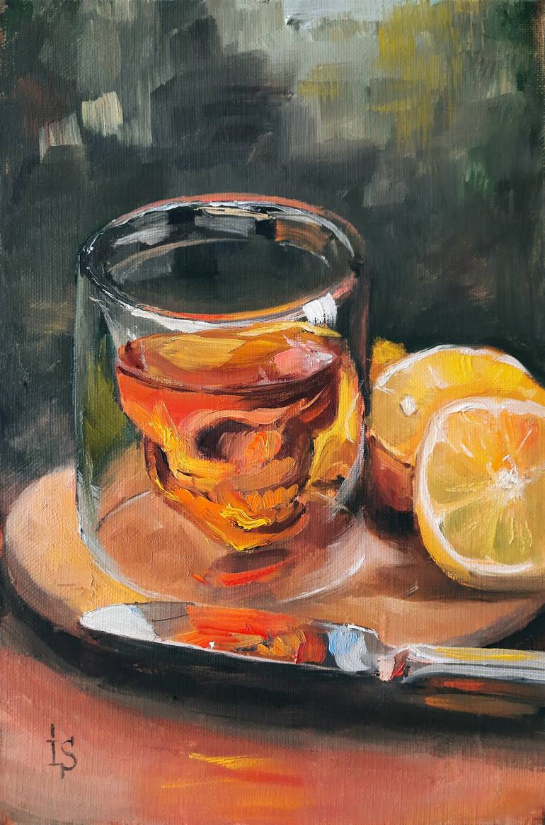 miniature artwork. Food and drink painting Oil still life Whiskey and Lime