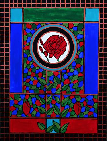 Mosaic Red roses original painting on birch wood thumb