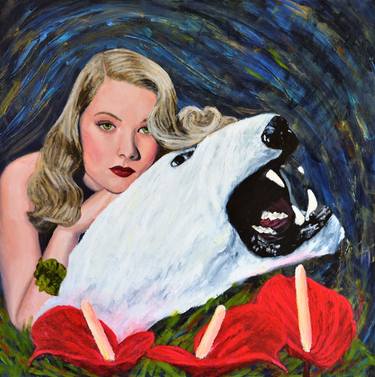 Peekaboo II - Original Retro Painting on Canvas 1940s Hollywood Veronica Lake bear rug thumb