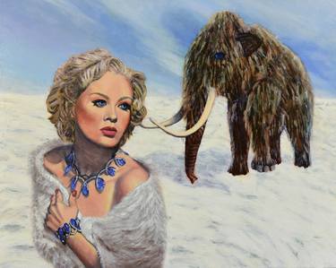 Doomed - Original Painting Surreal Retro Woolly Mammoth thumb