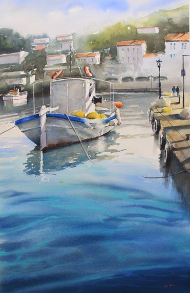 Original Fine Art Boat Painting by Jan Min