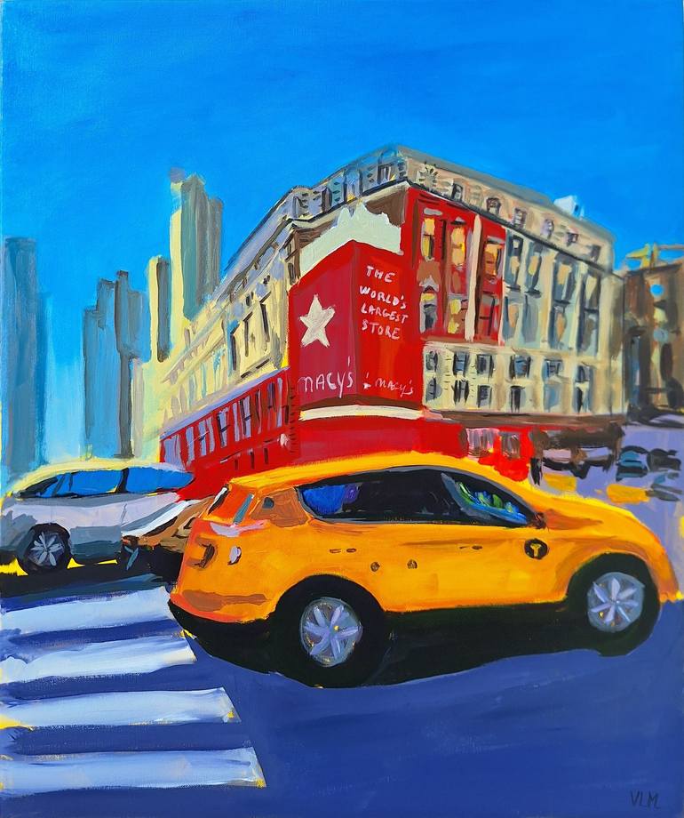 Original Architecture Painting by Valerie Le Meur | Expressionism Art on Canvas | Macy's and yellow cab-seriesNew-york-manhattan-urban