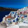 Personal representation of Santorini island, in Greece. 
I love the colors, I put them on! 
I definitively love the blue, so I painted it. 

It's a spot of sun and holiday on the wall when your current place is cold and cloudy. It's so bright and cheerful in your house.

Frame painted on the sides, signed and dated. Ready to hang on the wall. 
Protected by a coat of varnish acrylic