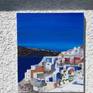 Personal representation of Santorini island, in Greece. 
I love the colors, I put them on! 
I definitively love the blue, so I painted it. 

It's a spot of sun and holiday on the wall when your current place is cold and cloudy. It's so bright and cheerful in your house.

Frame painted on the sides, signed and dated. Ready to hang on the wall. 
Protected by a coat of varnish acrylic