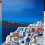Personal representation of Santorini island, in Greece. 
I love the colors, I put them on! 
I definitively love the blue, so I painted it. 

It's a spot of sun and holiday on the wall when your current place is cold and cloudy. It's so bright and cheerful in your house.

Frame painted on the sides, signed and dated. Ready to hang on the wall. 
Protected by a coat of varnish acrylic