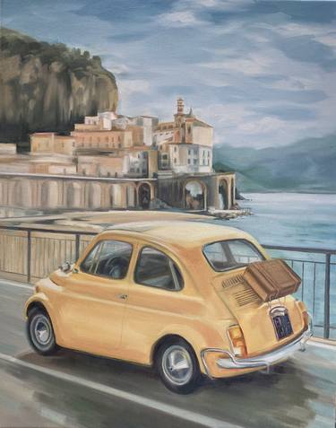 Atrani & Yellow Fiat, Amalfi Coast, Italy thumb