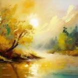Sunrise River Oil Abstract Landscape by Nikolina Andrea