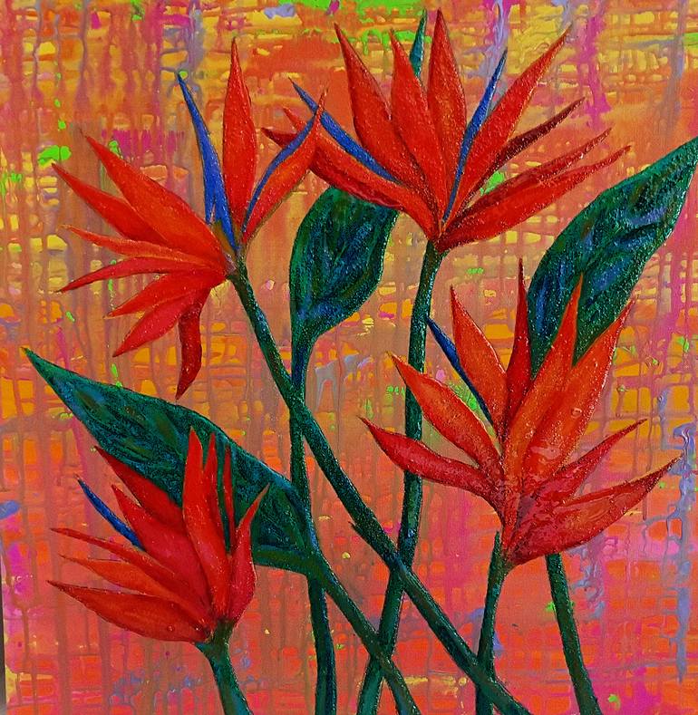 Original Floral Painting by Jacquelyn Herndon | Contemporary Art on Other | Birds of Paradise
