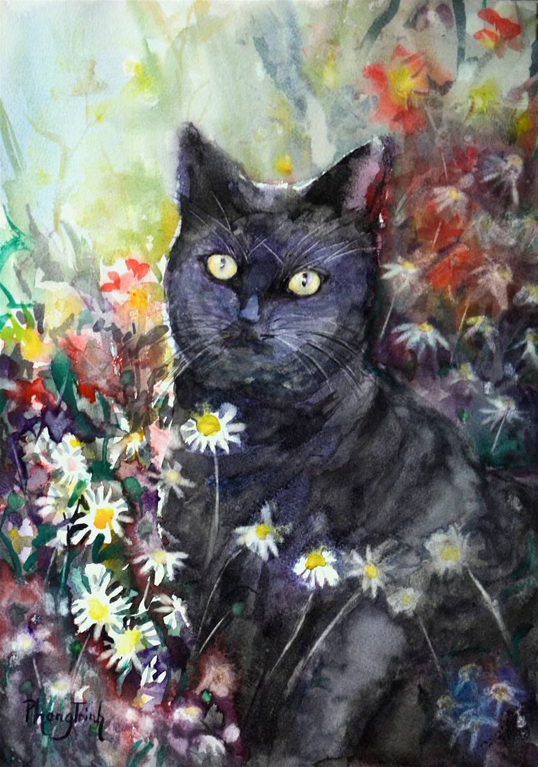 Black Cat and Daisies Painting by Phong Trinh | Saatchi Art