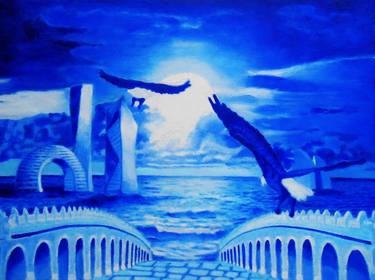 Surreal ocean blue painting, oil on canvas thumb