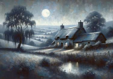 RURAL LANDSCAPE WITH COUNTRY HOUSE IN THE MOONLIGHT thumb