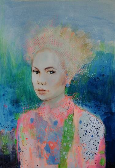 Abstract Gouache Portrait Painting on Canvas For Sale