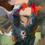 I enjoy playing with bright colors of the roosters in expressionist style in order to be able to interpret these colors on the massive canvases.