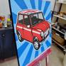 Classic red Mini Cooper pop art painting on blue sunburst background.

As with all my pieces, my aim is for as little brush mark texture on the canvas as possible. 

I don't use software to produce my initial design, each painting is drawn by hand from the source photo. For me this gives the finished painting a much smoother, and more unique look.

Acrylic on canvas. The sides are painted black ready to hang direct, or frame.