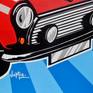 Classic red Mini Cooper pop art painting on blue sunburst background.

As with all my pieces, my aim is for as little brush mark texture on the canvas as possible. 

I don't use software to produce my initial design, each painting is drawn by hand from the source photo. For me this gives the finished painting a much smoother, and more unique look.

Acrylic on canvas. The sides are painted black ready to hang direct, or frame.