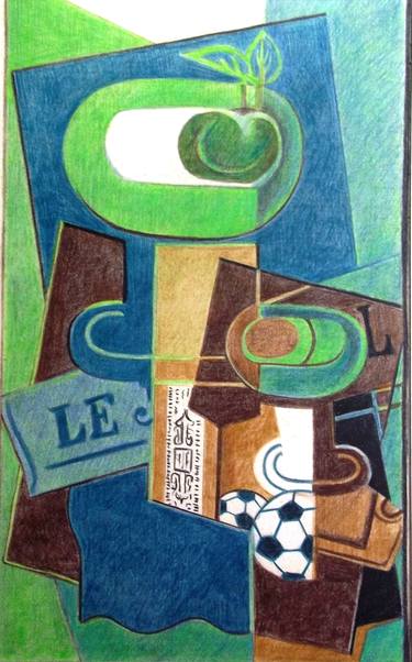 Tribute to the Great Masters with football. "Portrait of Football with Spanish Italian painter Juan Gris" Cubism, Apple and Balls. thumb