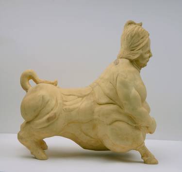 Centaur. Carved Wood Fat Female Centaur Sculpture. thumb