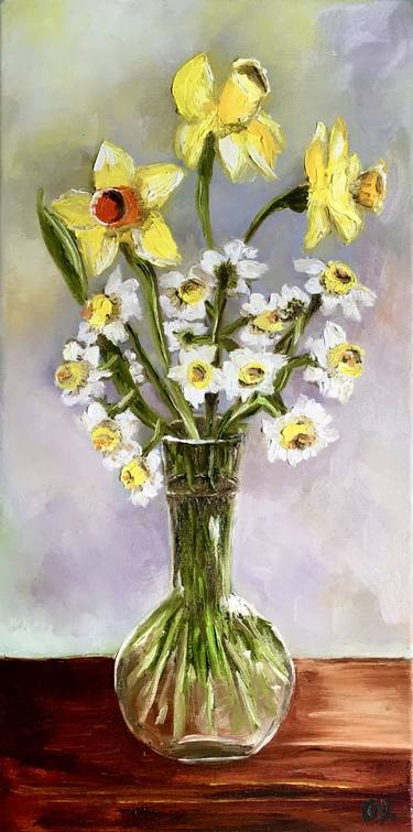 Daffodils in a vase, still life. thumb