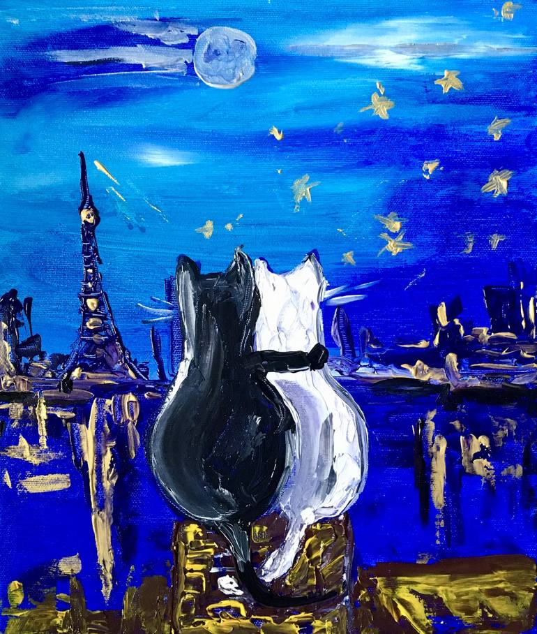 Cats in Paris,romantic night, Eiffel Tower, for cat lovers Painting by Olga  Koval