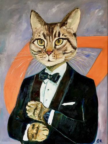 Original oil painting Cat James Bond 007 thumb