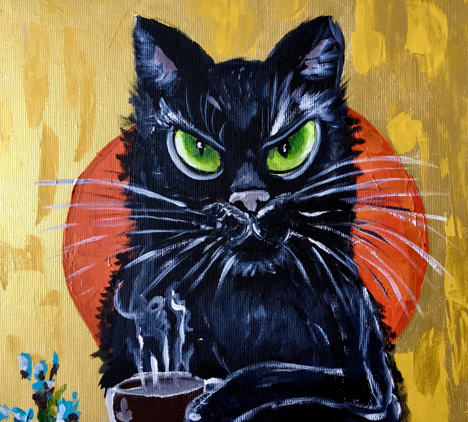 Morning grumpy cat and coffee. Painting by Olga Koval | Saatchi Art