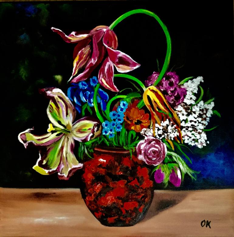 Original Floral Painting by Olga Koval | Expressionism Art on Canvas | BOUQUET OF FLOWERS IN A CLAY VASE