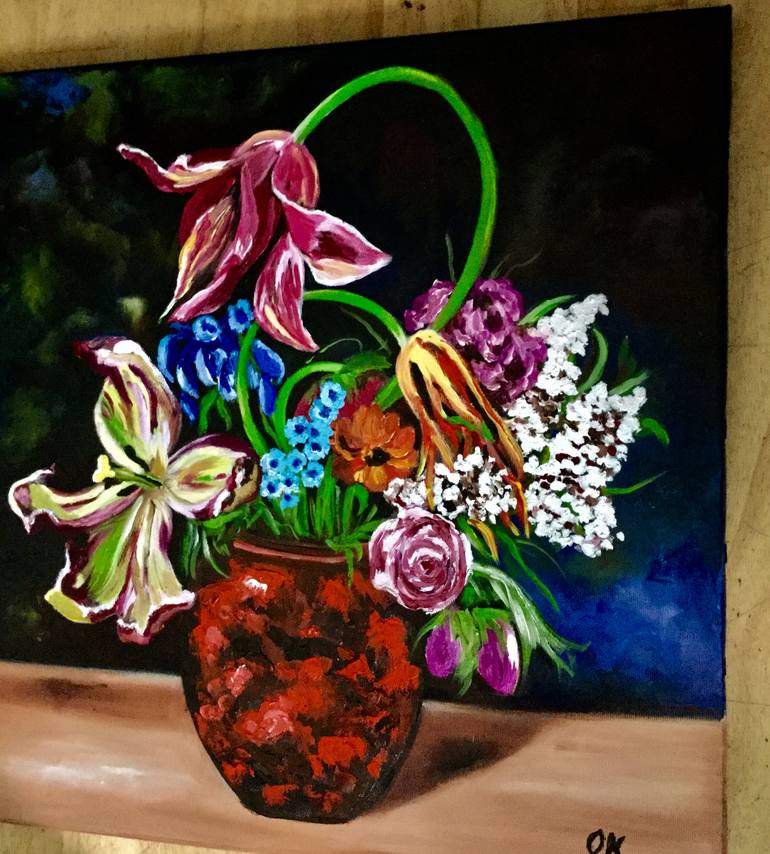BOUQUET OF FLOWERS IN A CLAY VASE Painting by Olga Koval | Saatchi Art