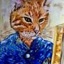 Version of famous self portrait of Vincent Van Gogh with a ginger cat 
I have done this painting for cats lovers in oil on canvas .
Ready to hang . 
Signed on the front 
I created this painting using fine artist oil paints which will not fade when they get exposed to UV light Painting continues around the edges of the canvas giving a very contemporary style although it can be framed if you wish
This work is sold unframed and shipped in cardboard box which is very secure for shipping canvases