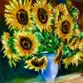 Sunflowers in a vase.
Original oil painting on linen canvas .
Signed on the front . Certificate of authenticity .
.All paintings are very carefully packed in cardboard boxes with layers of bubble wrap to protect them to ensure the painting will reach you safely
Painting continues around the edges of the canvas giving a very contemporary style although it can be framed if you wish