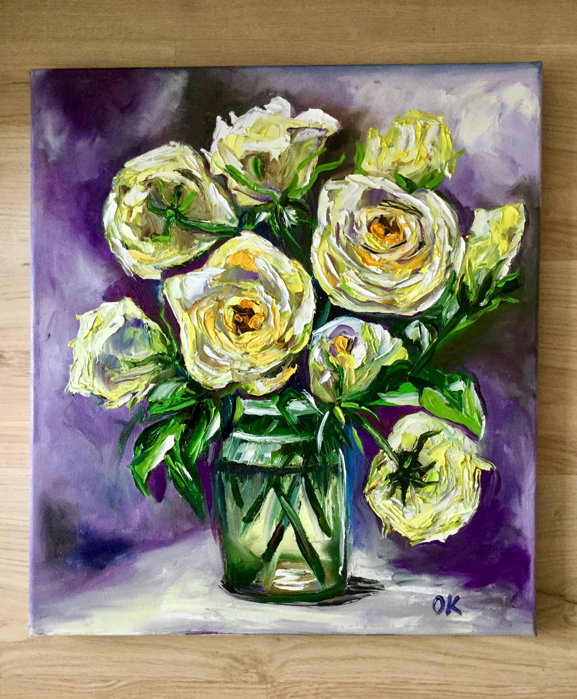 Yellow Roses In A Vase Bouquet Palette Knife Painting Original Art