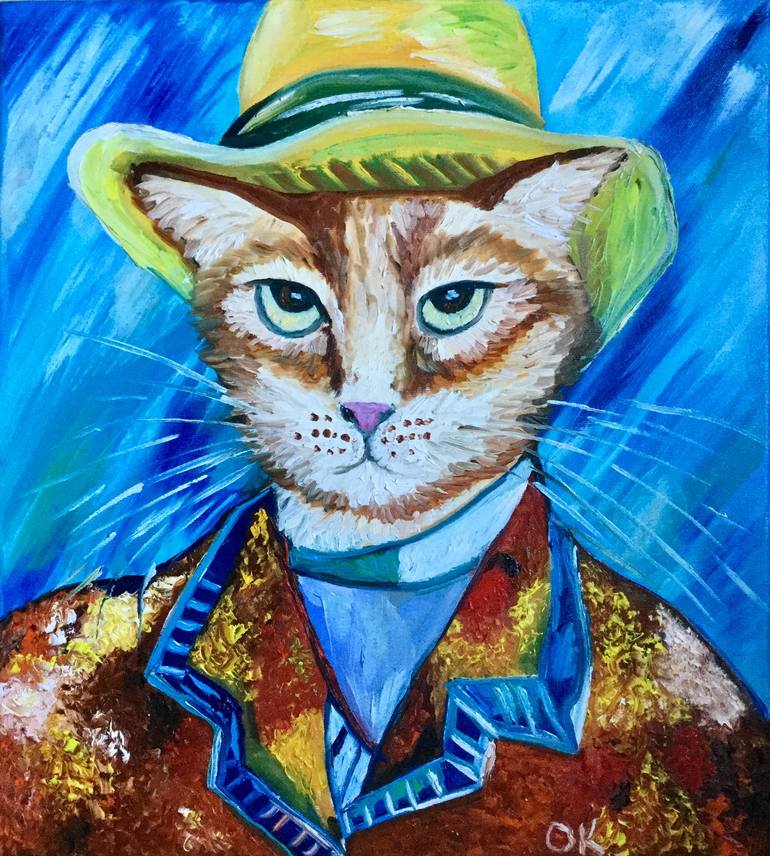 Serious Cat La Van Gogh In A Hat Feline Art For Cat Lovers Gift Idea 