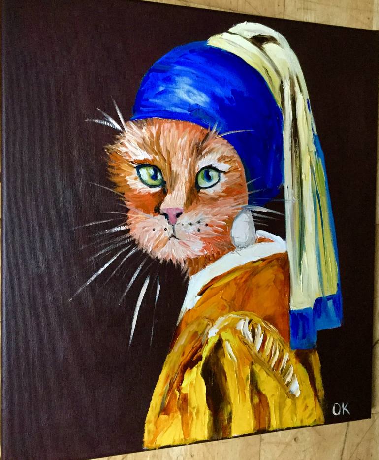 CAT WITH THE PEARL EARRING INSPIRED BY VERMEER PAINTING FELINE ART FOR ...