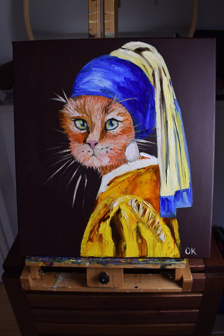 CAT WITH THE PEARL EARRING INSPIRED BY VERMEER PAINTING FELINE ART FOR ...