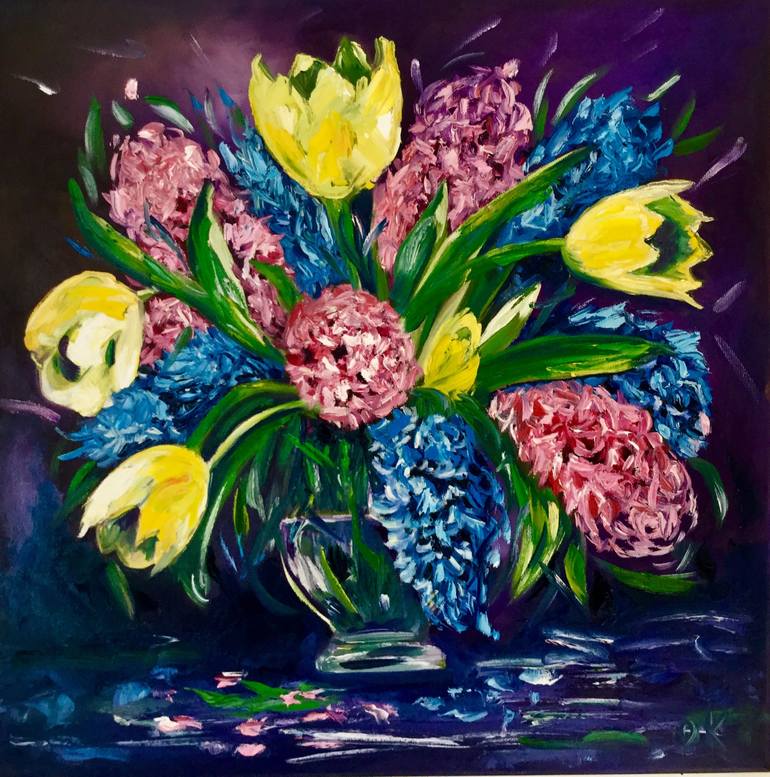 Original Floral Painting by Olga Koval | Abstract Expressionism Art on Canvas | BOUQUET OF TULIPS AND HYACINTHS, YELLOW PINK PURPLE BLUE SPRING FLOWER