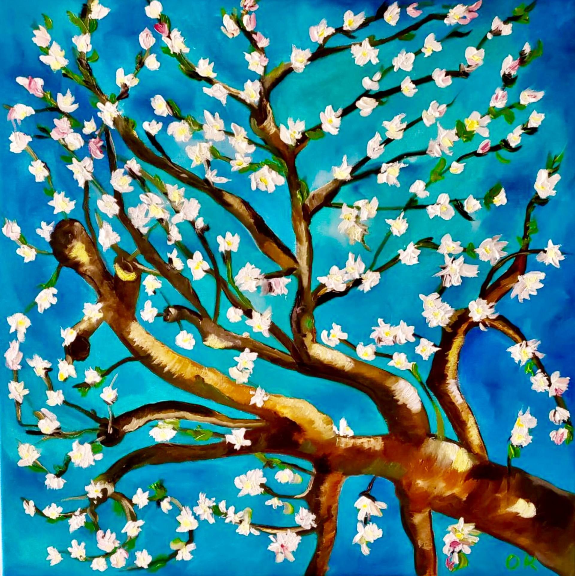 ALMOND BLOSSOM ON TURQUOISE INSPIRED BY VINCENT VAN GOGH Painting by Olga  Koval | Saatchi Art