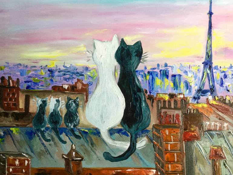 Cats in Paris,romantic night, Eiffel Tower, for cat lovers