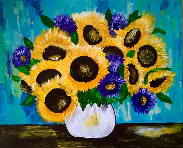 Original Floral Painting by Olga Koval | Abstract Expressionism Art on Canvas | BOUQUET OF PURPLE ASTERS AND SUNFLOWERS IN A WHITE VASE PALETTE KNIFE