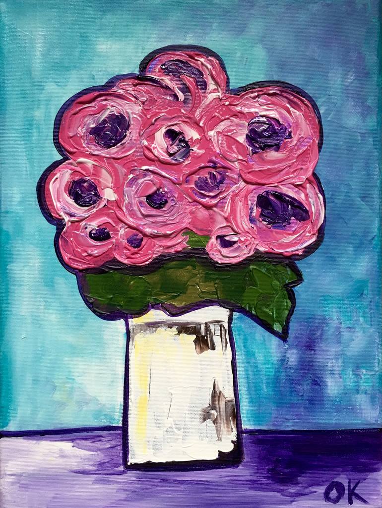 Original Floral Painting by Olga Koval | Abstract Art on Canvas | Pink purple roses in a white jar #9
