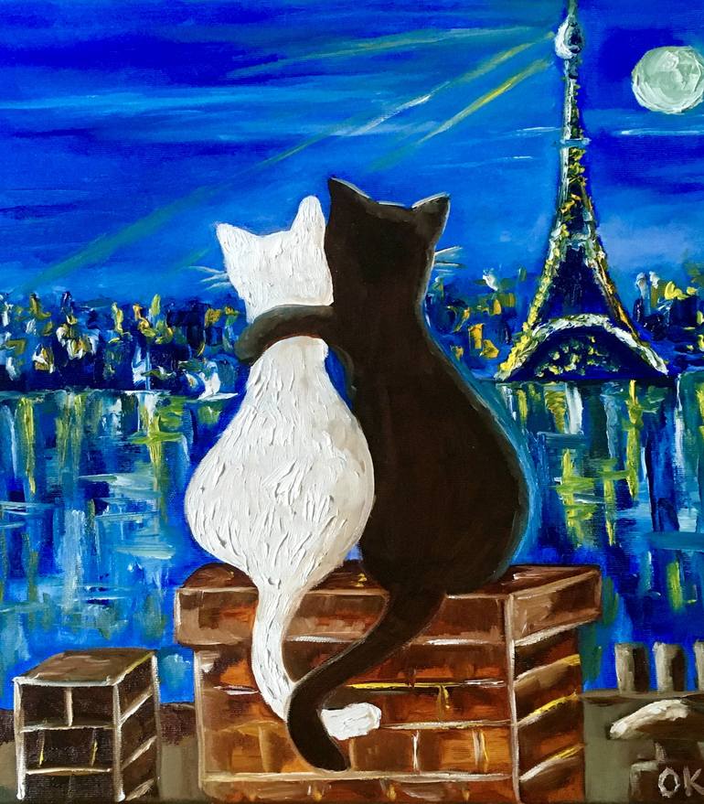 Cats in Paris,romantic night, Eiffel Tower, for cat lovers Painting by Olga  Koval