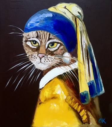 CAT WITH THE PEARL EARRING INSPIRED BY VERMEER PAINTING FELINE ART FOR CAT LOVERS GIFT IDEA thumb