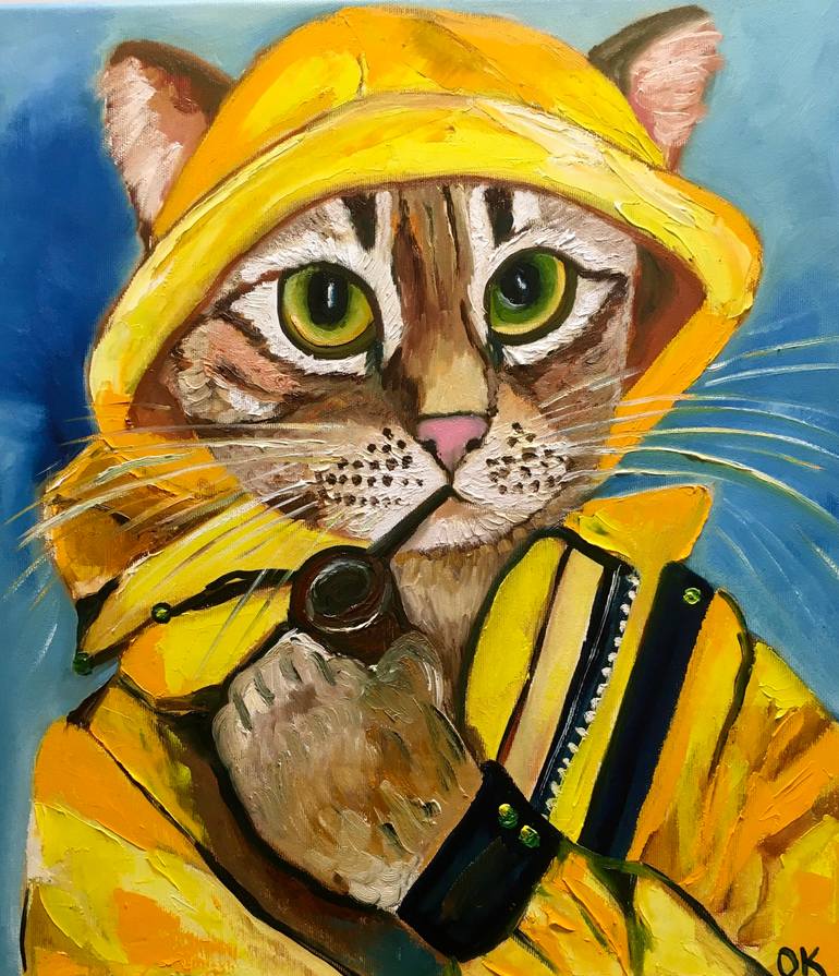 Original Cats Painting by Olga Koval | Expressionism Art on Canvas | TROY THE CAT, FISHERMAN OIL PAINTING FOR CAT LOVERS