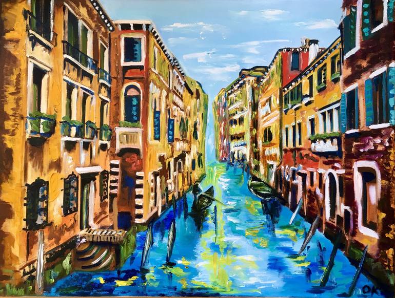 Venice, summer in Venice, original oil painting, boats, gondolas ...