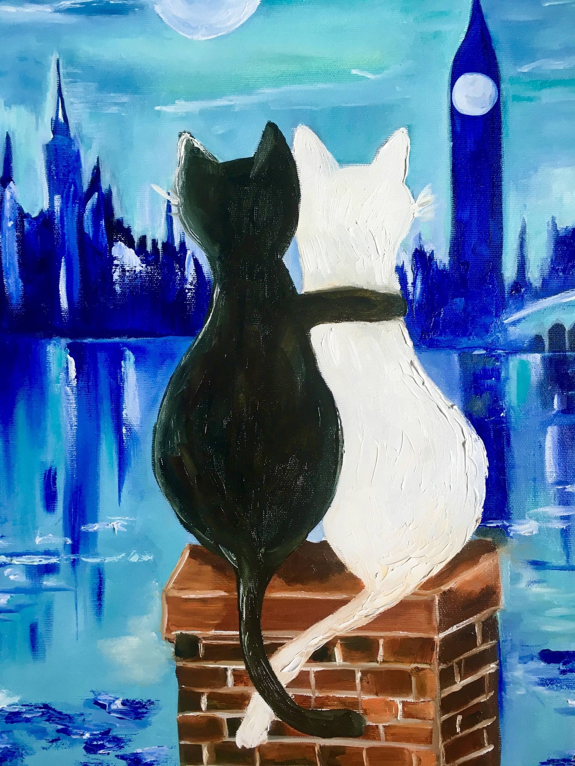 Cats in Paris,romantic night, Eiffel Tower, for cat lovers Painting by Olga  Koval