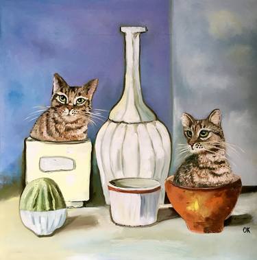 Two Cats playing into Giorgio Morandi still life thumb