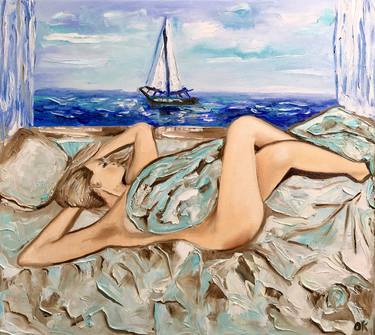 Resting nude on the bed, landscape, sea view, original oil on canvas thumb