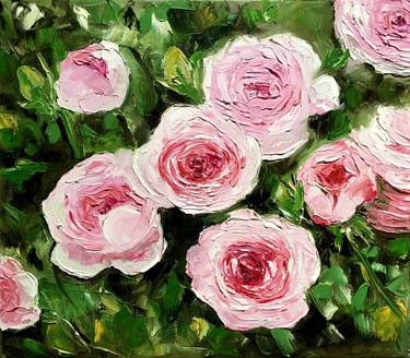 Pink roses in a garden, rose bloom, palette knife painting thumb