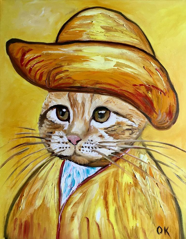 Cat in a straw hat inspired by Vincent Van Gogh self portrait. Painting ...