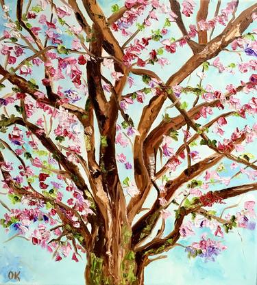 Apple blossom, tree near Bethnal Green, spring in London white, pink, turquoise ready to hang oil painting thumb